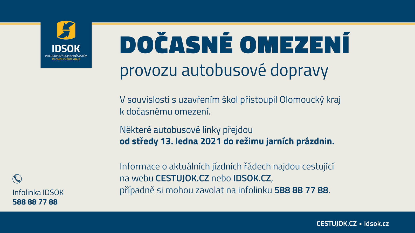 Olomoucký kraj dočasně omezuje autobusovou dopravu od 13. 1. 2021